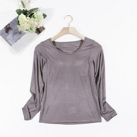 Damen Einfarbiges Langarm-Top mit eingebautem BH-Cup – Schlichter Herbst-/Winter-Stil
