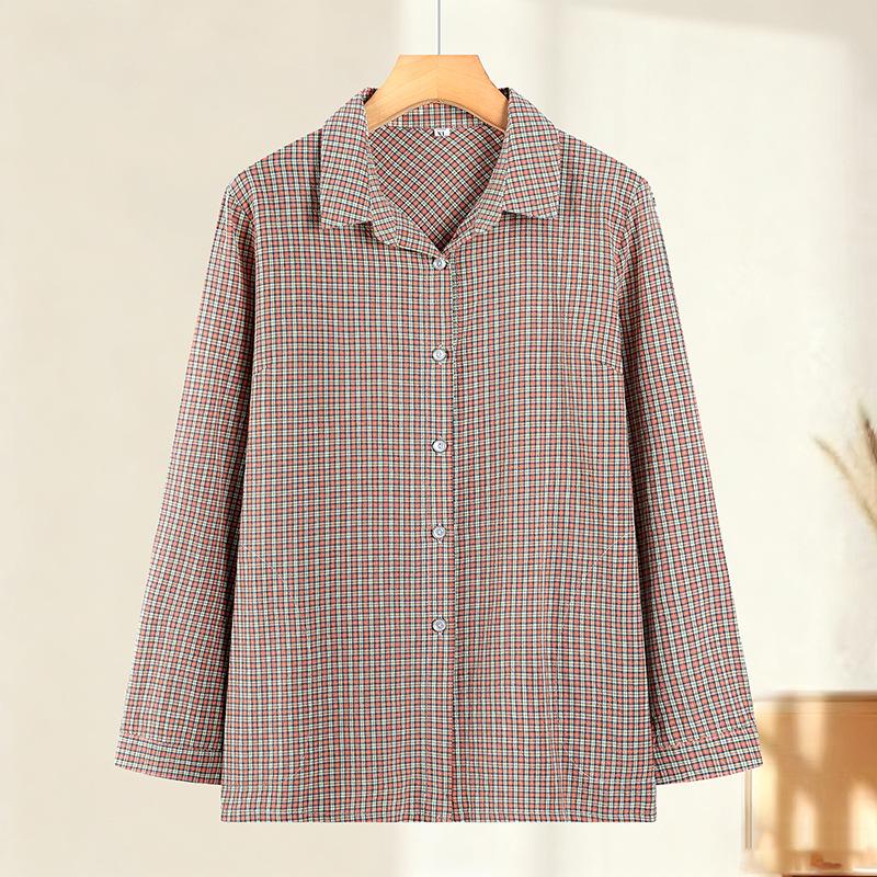 

Spring Plaid Cotton Shirt for Young, Middle-Aged, and Elderly Women: Long-Sleeve Casual Wear 5XL (suggested 140-155 lbs) оранжевый