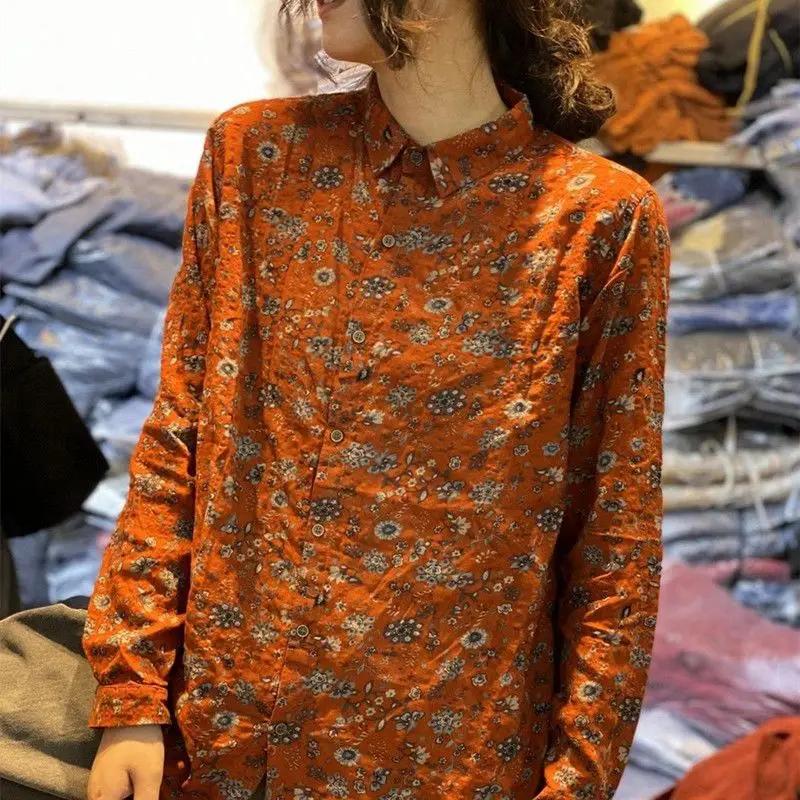 Women Fashionable and Versatile Slimming Tops for Women Cotton and Linen Spring New Artistic Retro Printed Shirts