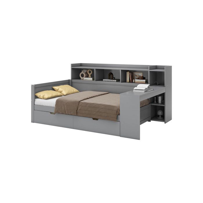 Canapea extensibilă - MUVOE - 90 x 200 cm - Gri - Cu priză USB - 2 sertare de depozitare