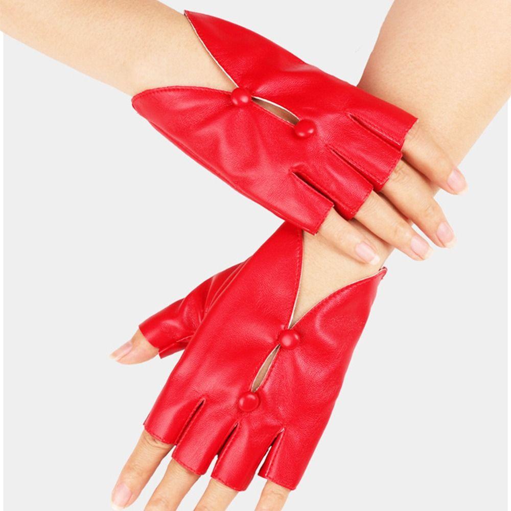 PU Leather Women Leather Gloves Button Hole Leather Gloves Half Finger Gloves  Mitten Accessories