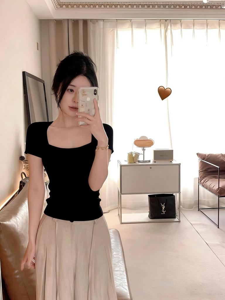 Pure desire square neck ice silk knitted short-sleeved t-shirt women's summer shoulder t-shirt slim and thin u-neck short top