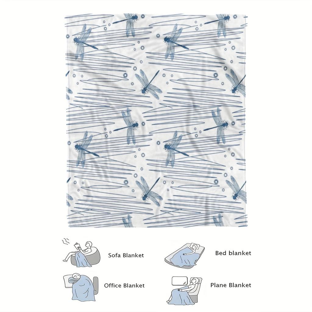 1 Stück Gemütliche Libellen-Thema HD Digitaldruck Flanell Decke, Weiches & Atmungsaktives Polyester, Elegantes Blau-Weißes Muster Design