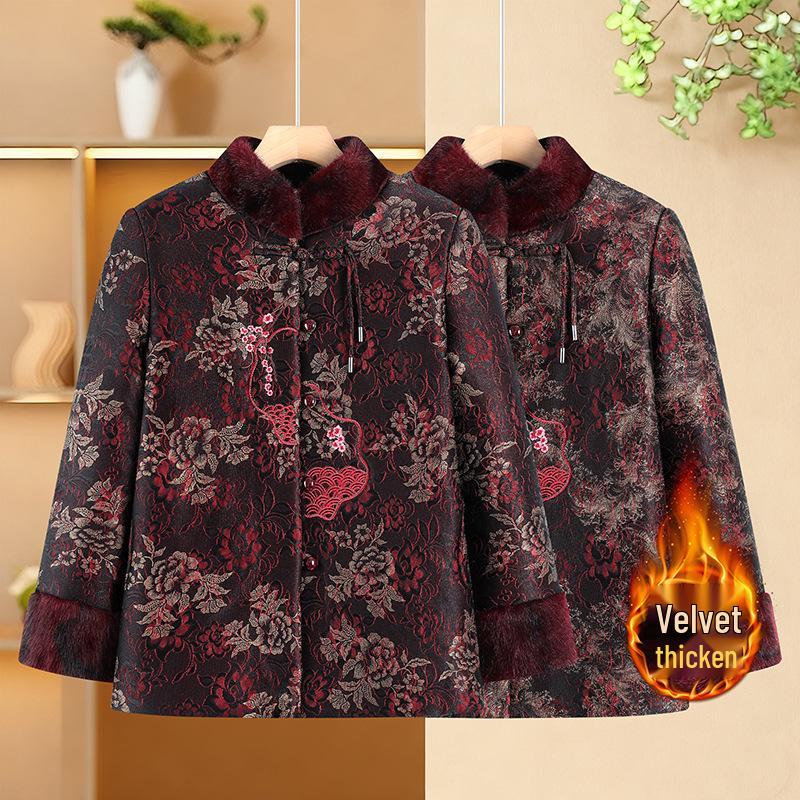 Warm Embroidered Cotton Tang Suit Jacket for Middle-Aged & Elderly Women - New Chinese Style, Fleece-Lined, Loose Fit