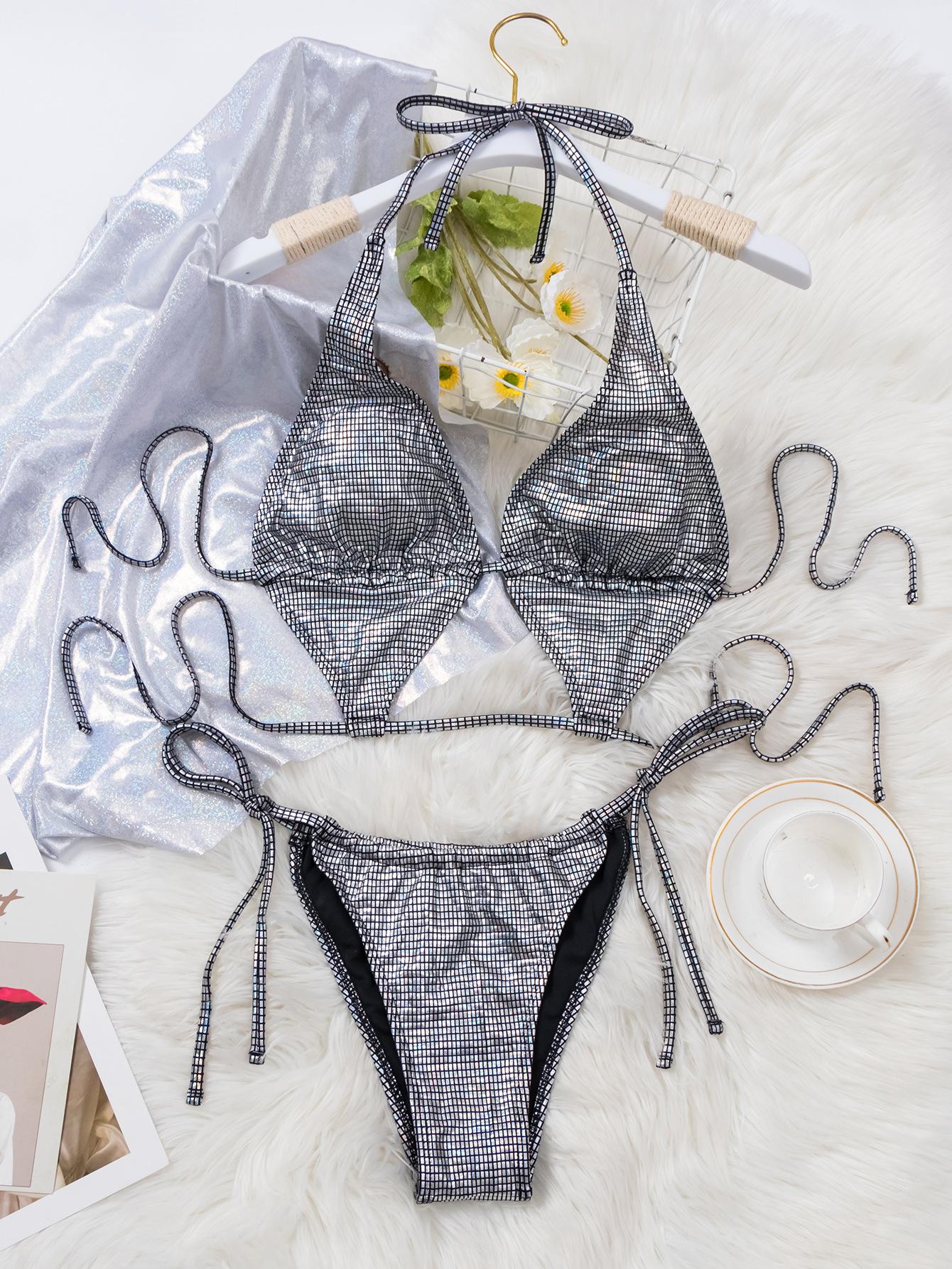 Серебряный сверкающий бикини с подкладкой женский купальник женский купальник стринги — фото 3