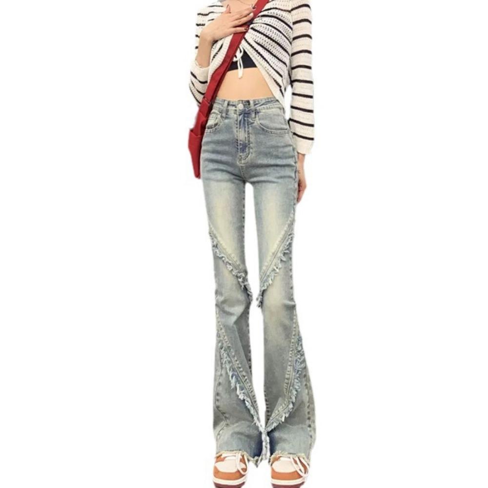 Rough edge slightly pulled jeans women's spring and autumn new American retro horseshoe pants slim and thin flared jeans