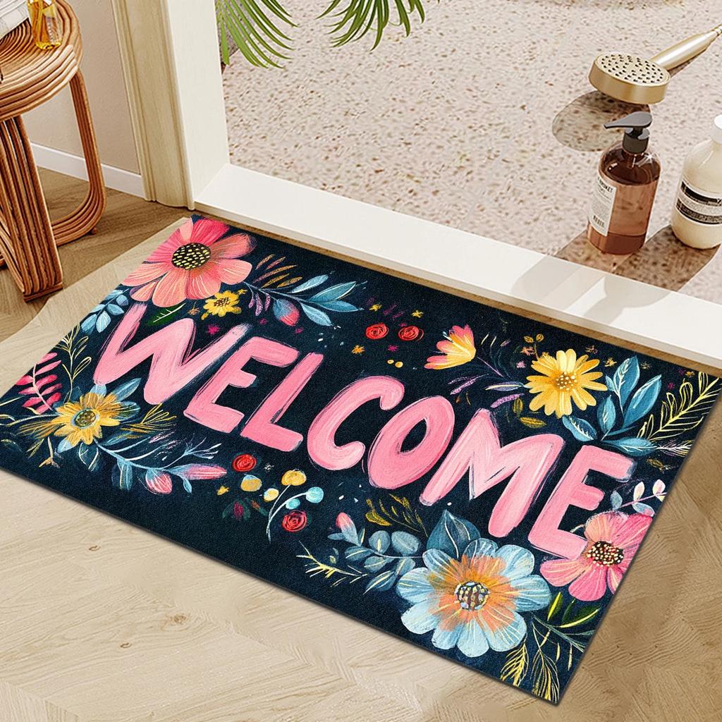 Charming Floral 'Welcome' Floor Mat - Vibrant, Inviting Décor for Home Entrances, Perfect for Greeting Guests with Style