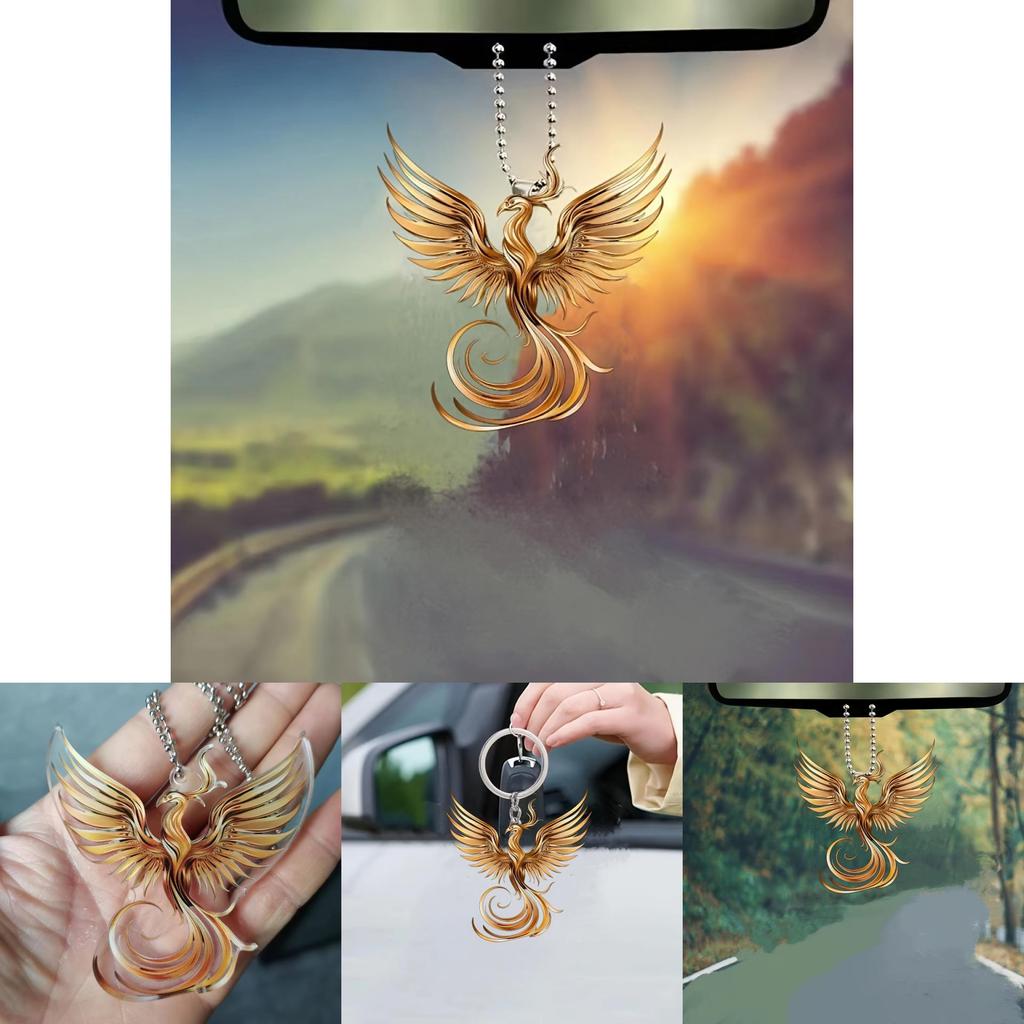 Stunning Retro Acrylic Golden Phoenix Car Charm Luxurious Keychain Pendant For Auto Use