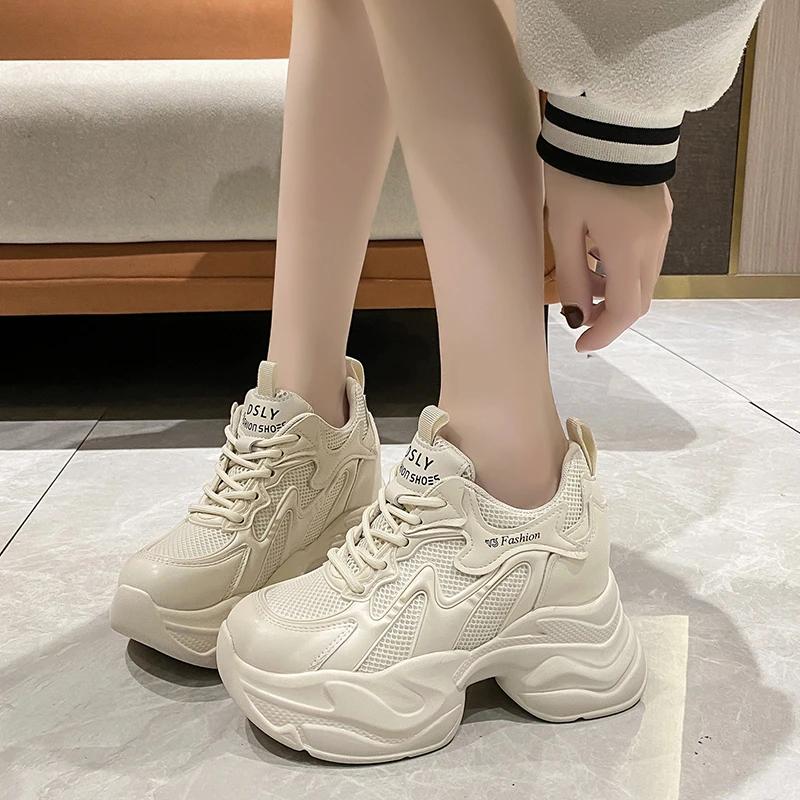 Fashion Women Spring Non-slip Chunky Sneakers Thick Bottom Female Casual Dad Shoe Lace Up 10CM High Platform Vulcanized Shoes Woman