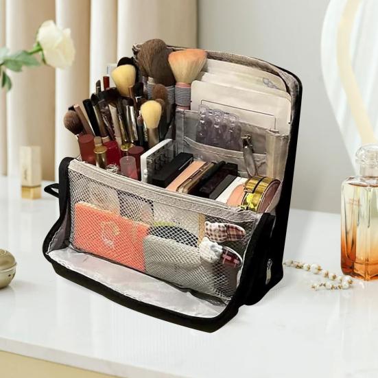 Multi-purpose Standing Makeup Bag Waterproof Oxford Cloth Makeup Organizer with Compartments Large Capacity Vertical Stationery Organizer for