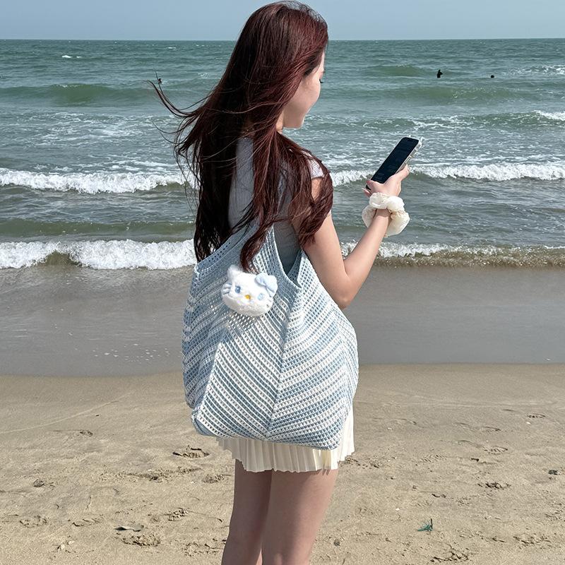 Versatile Knitted Bag for Women, Summer Casual Commuting Patchwork Woven Bag, Beach Vacation Style Beach Bag