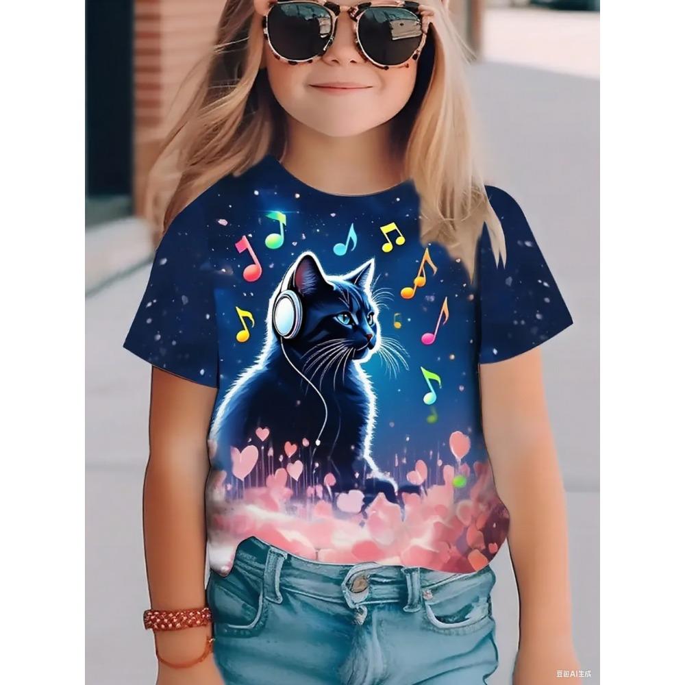 Fun Cat Girl T-shirt Summer Cartoon Pattern Girl Short Sleeve T-shirt Casual Round Neck Top Animal Children's Clothing Girl Clothing