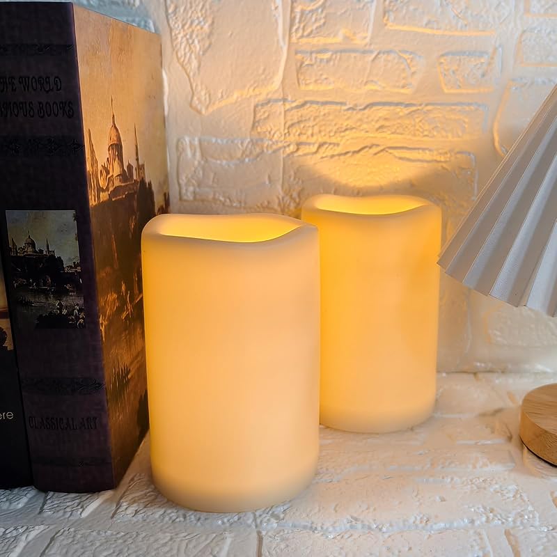 Battery Operated Plastic Flameless LED Pillar Candle with Cycling Timer, Flickering Realistic Electric Light for Indoor Outdoor Bookshelf Wedding