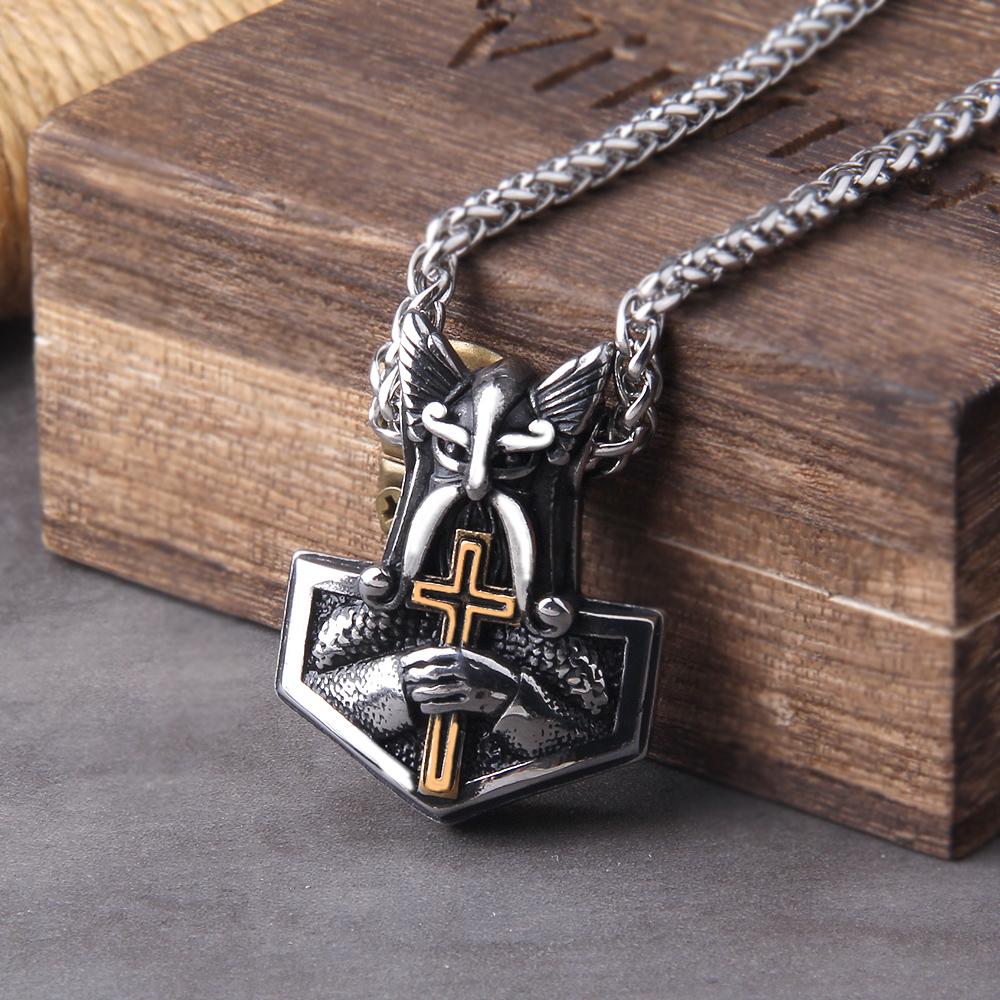 

Norse Vikings Thor Hammer Mjolnir Rune Amulet Necklace Vegvisir Wolf Raven Pendant Male Jewelry no box&60cm