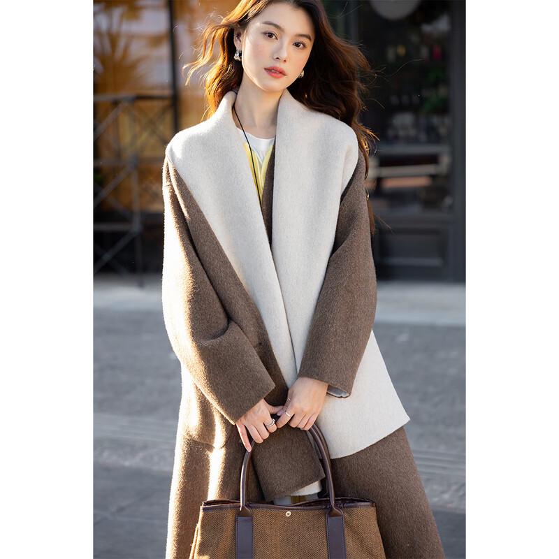 

Mokana Winter Color-Block Double-Faced Wool Scarf Collar Long Coat M