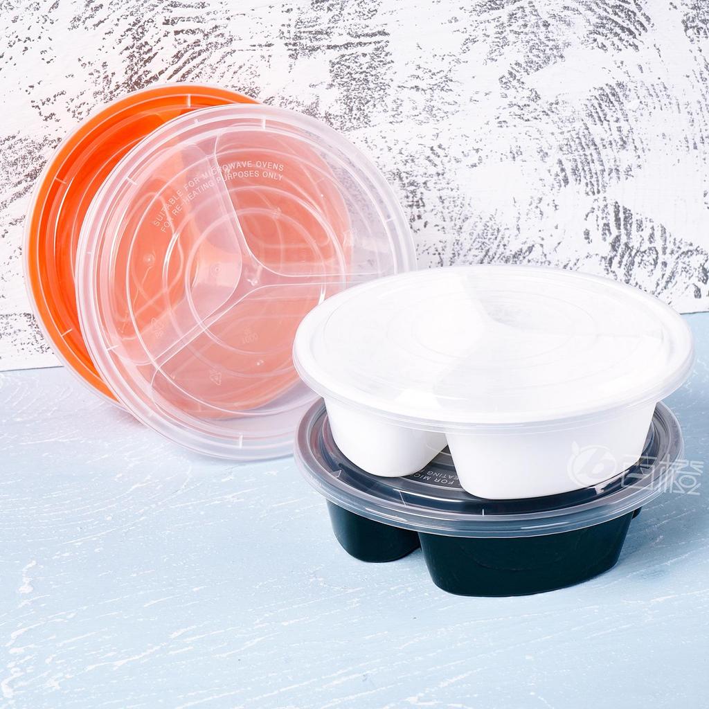 European & American Round Three-Compartment Disposable Lunch Box, Thickened Transparent Black Container for Takeaway Packaging