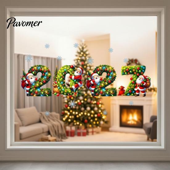 Snowman Window Stickers 2027 Merry Christmas Cling, Santa Reindeer Glass Door Sticker, Seasonal Clings Static Decal for Living Room Bedroom