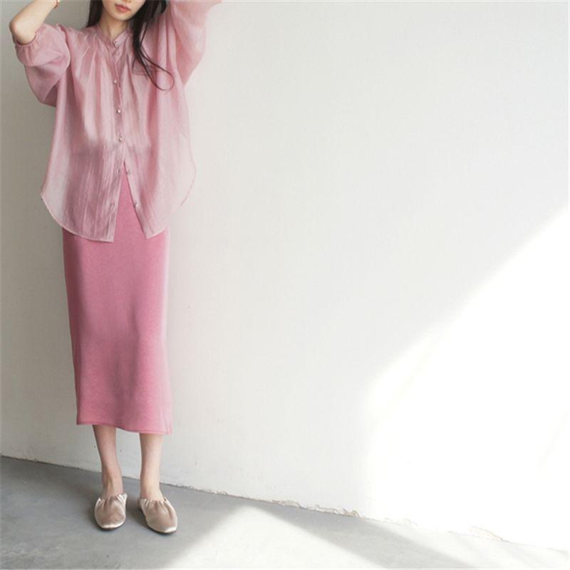 Plum Red Contrasting Color Two Sides of the Knee High Waist Skirt for Women with Silk Satin Matte Smooth Artistic Sense