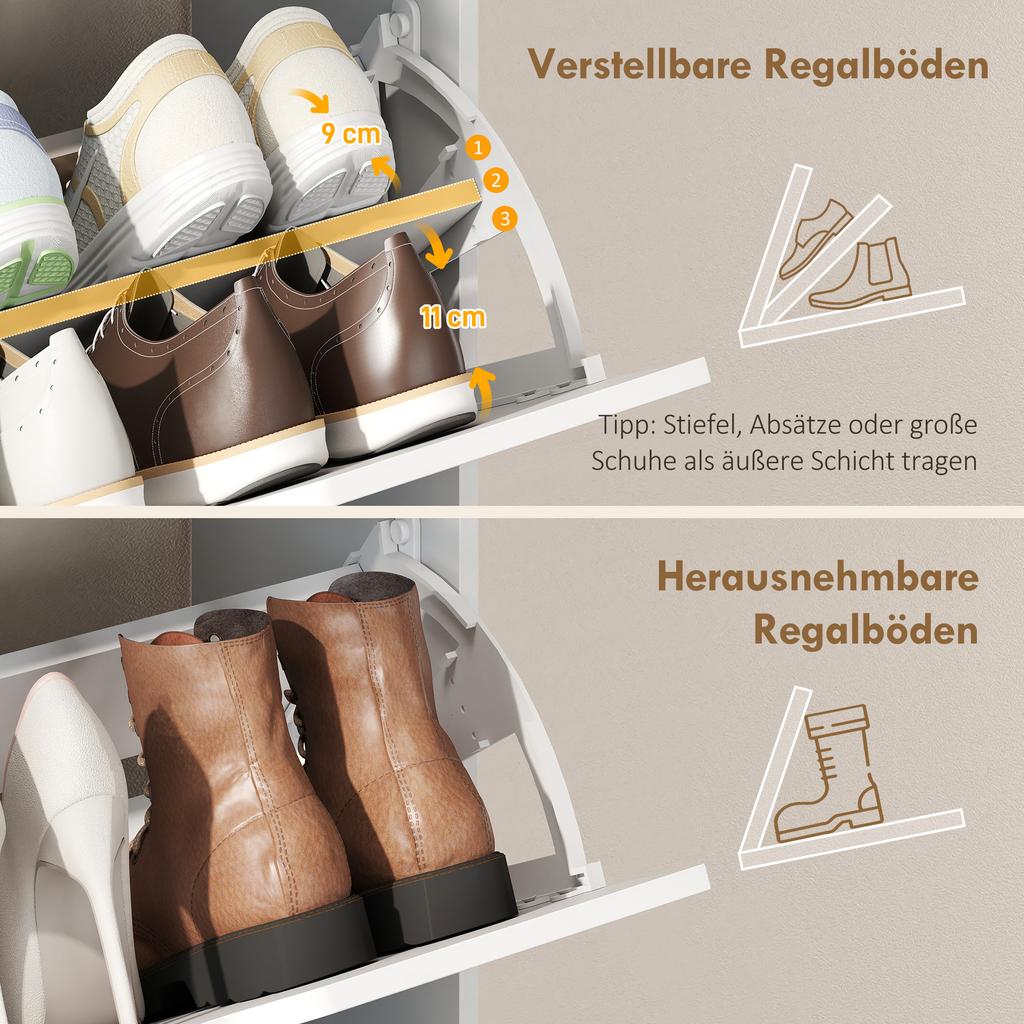 Narrow Shoe Cabinet, 3 Drop-Down Compartments, Adjustable Shelves, 12-18 Pairs, White
