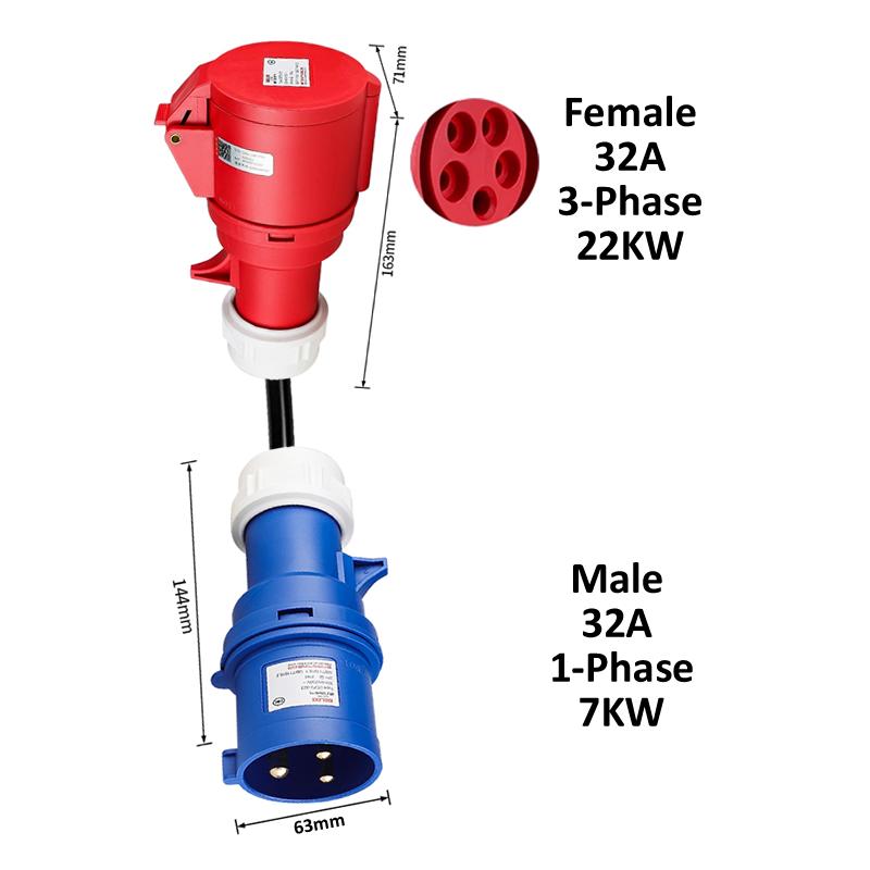Electric Vehicle Charging Adapter Male 32A Blue 1-Phase 7KW CEE Plug To Femal 16A/32A Red 3-Phase / Blue 16A 1-phase Socket