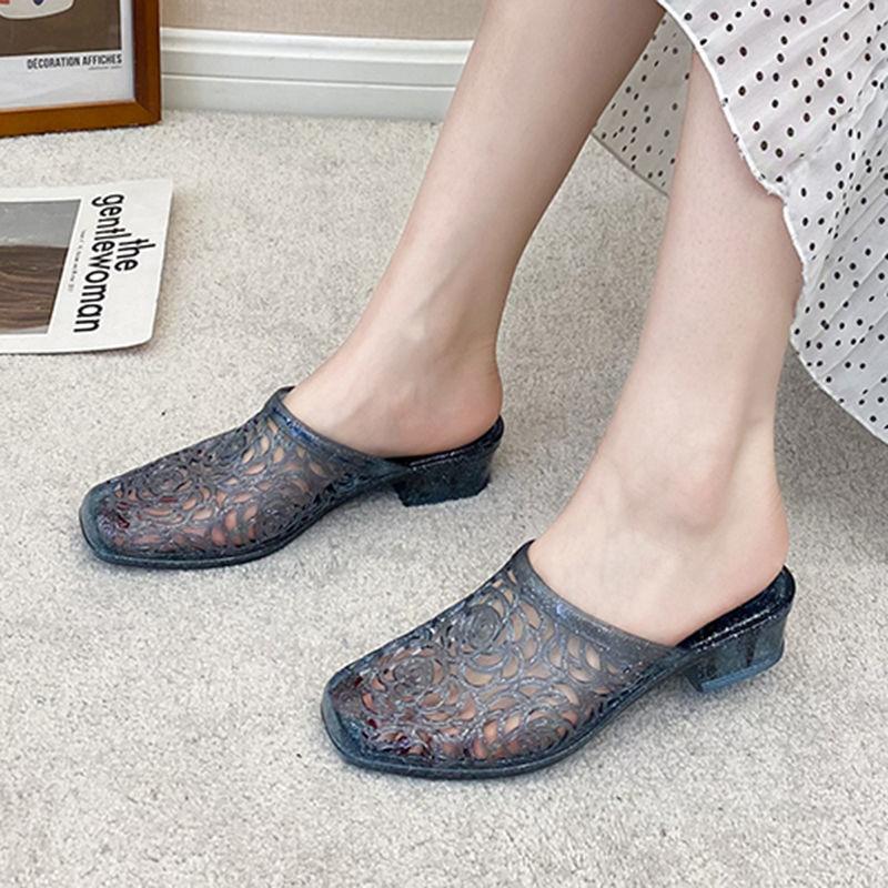 Modieuze Bloem Slippers voor Dames in de Zomer, met Kristallen Dikke Hak en Jelly Transparante Antislip en Hoogte Verhogende Neus
