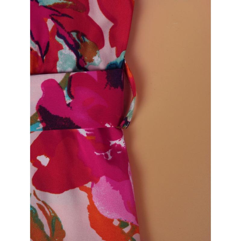 Waist-slimming Lace-up A-line Floral Dress