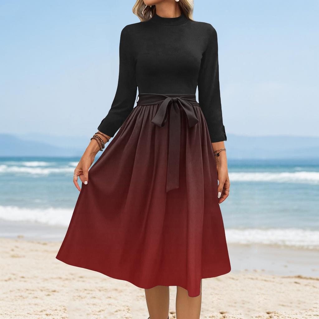 Women's Fashion Casual Belt Seven Sleeve Round Neck Gradient Temperament Dresses