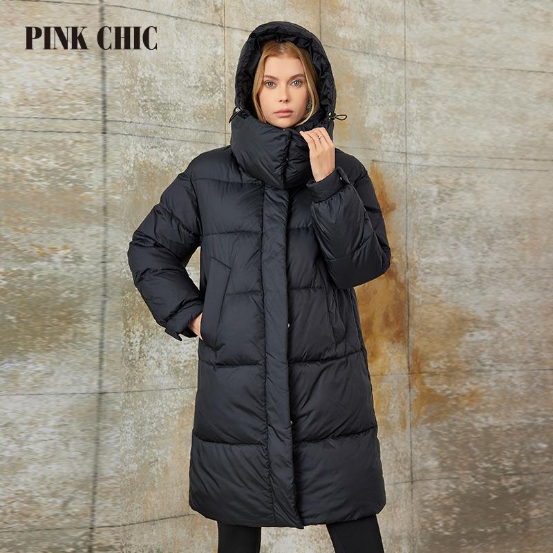 PINK CHIC 2023 Winter Coat Women Down Jackets Fashion Cozy Warm Lace Up Hooded Long Women's  Casual Parka Female  W8258