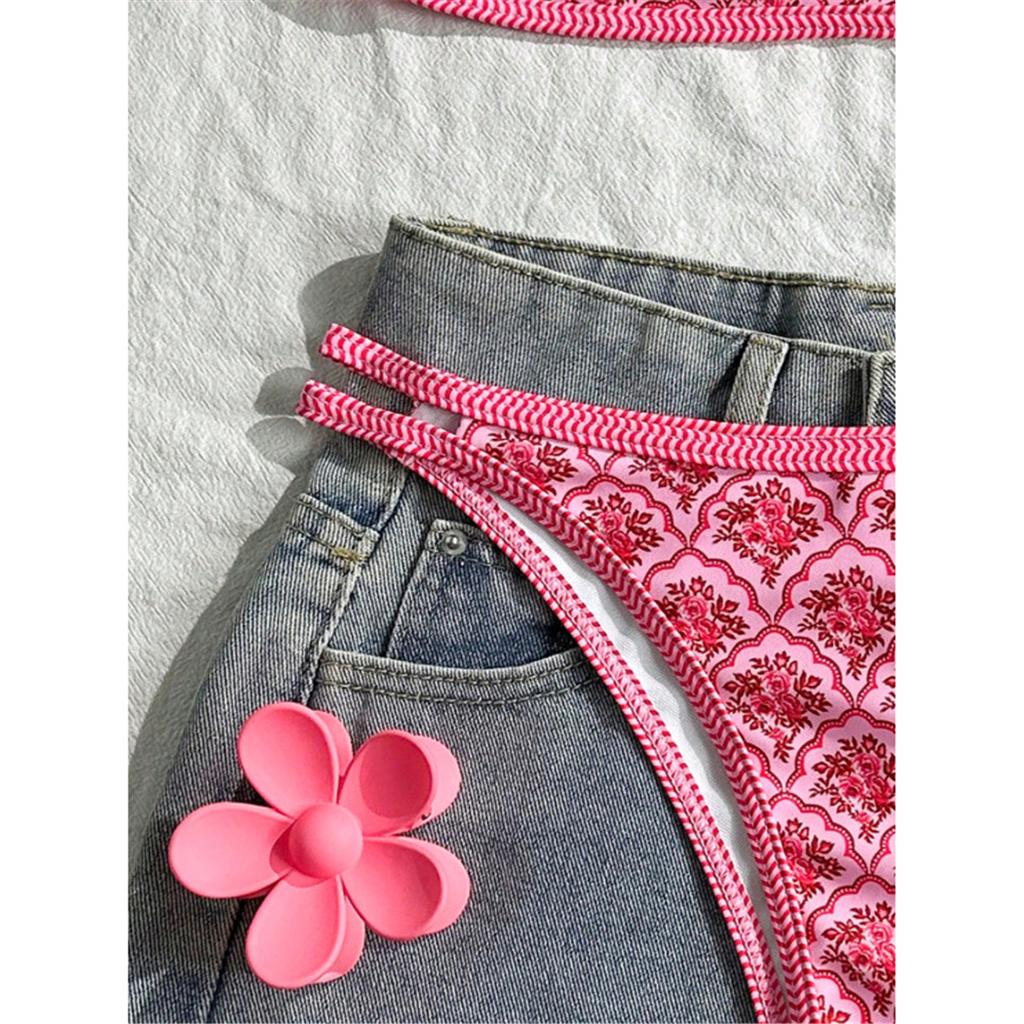 S - XL Flowers Printed High Leg Cut Bikini Female Swimsuit Women Swimwear Two-pieces Bikini Set Bather Bathing Suit Swim V6965