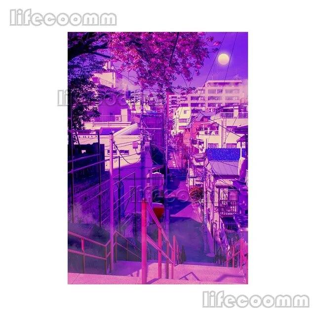 Anime City Neon Night 80s Vaporwave Japan City Street Poster Wall Art Canvas Painting Wall Pictures For Living Room Home Decor No Frame