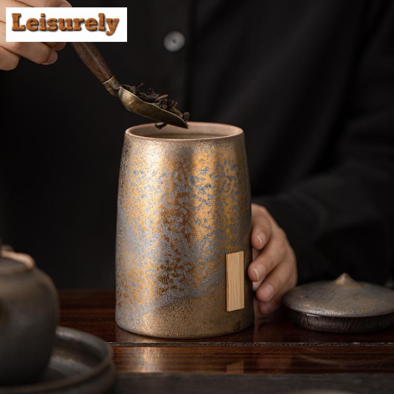 Retro Gilded Iron Glazed  Tea Box Organizer Bamboo Hat Moisture-proof Storage Tank Containers Tea Caddy Chinese Tea Set Craft