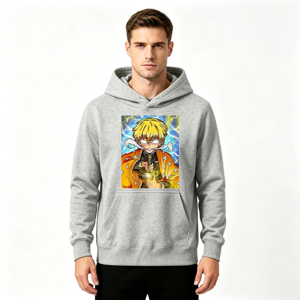 Men Anime Print Pullover Hoodie, Casual Yellow Hair Character Lightning Pattern Long Sleeve Hooded Sweatshirt