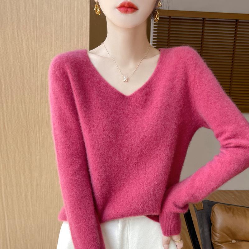 Wool Sweater V-neck Soft Knit Tops Outer Wear Bottoming Shirts for Women