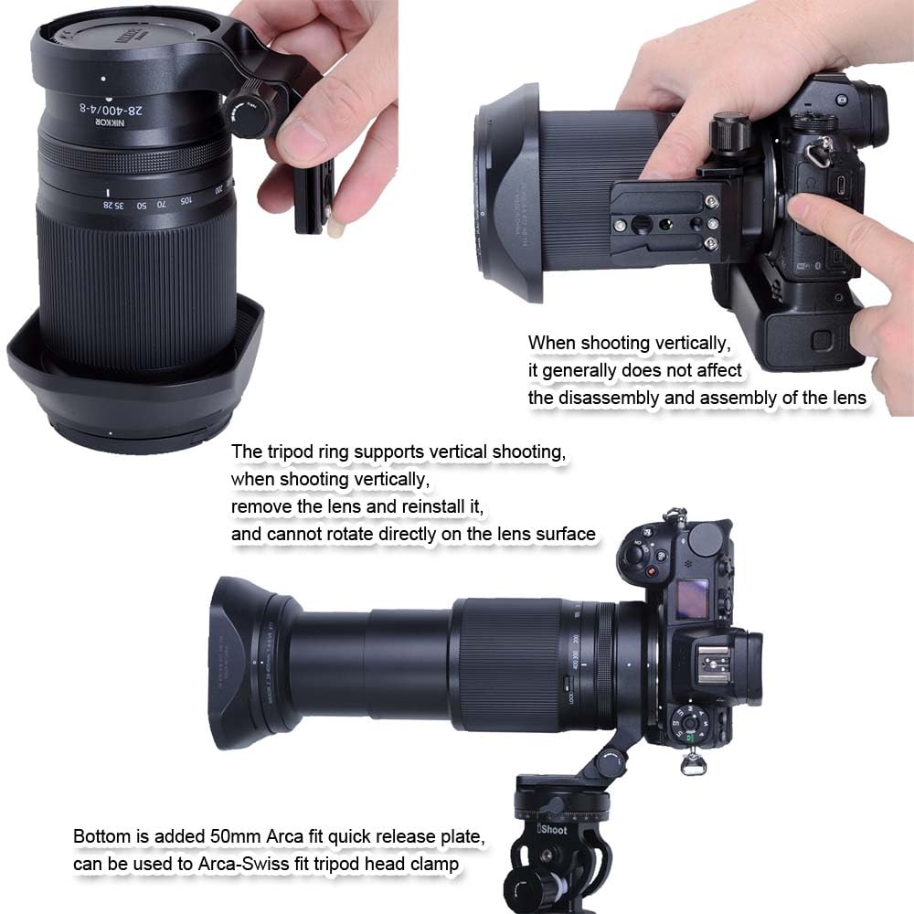 Inel obiectiv cameră compatibil cu obiective Nikon precum Z VR și Z Include suport obiectiv, suport obiectiv, montură trepied și eliberare rapidă