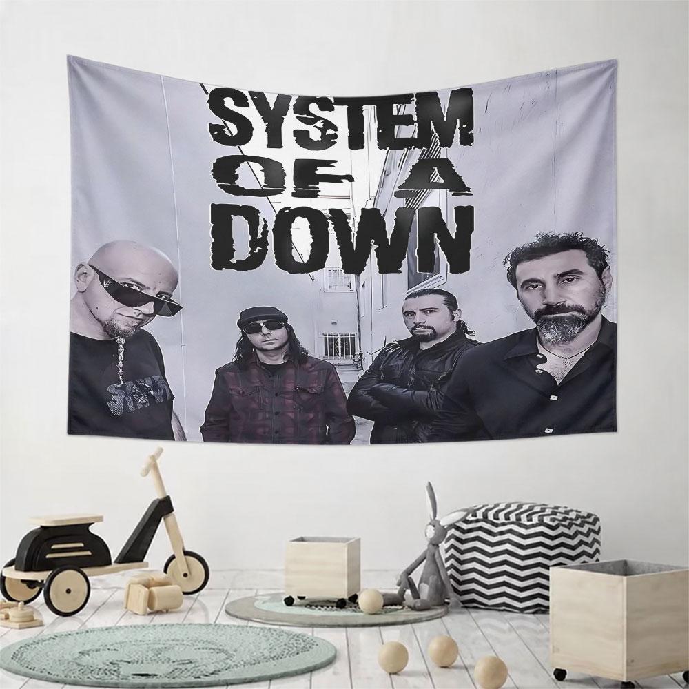 Four individuals stand in an alley, with bold text above reading a name. Patterned tapestry for bedroom and living room home decor