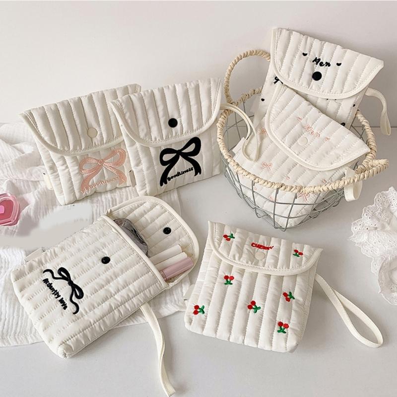 Stylish Cotton Polyester Period Essential Bag With Decorative Bows Design Compact Cosmetic Organizer For Women Girls