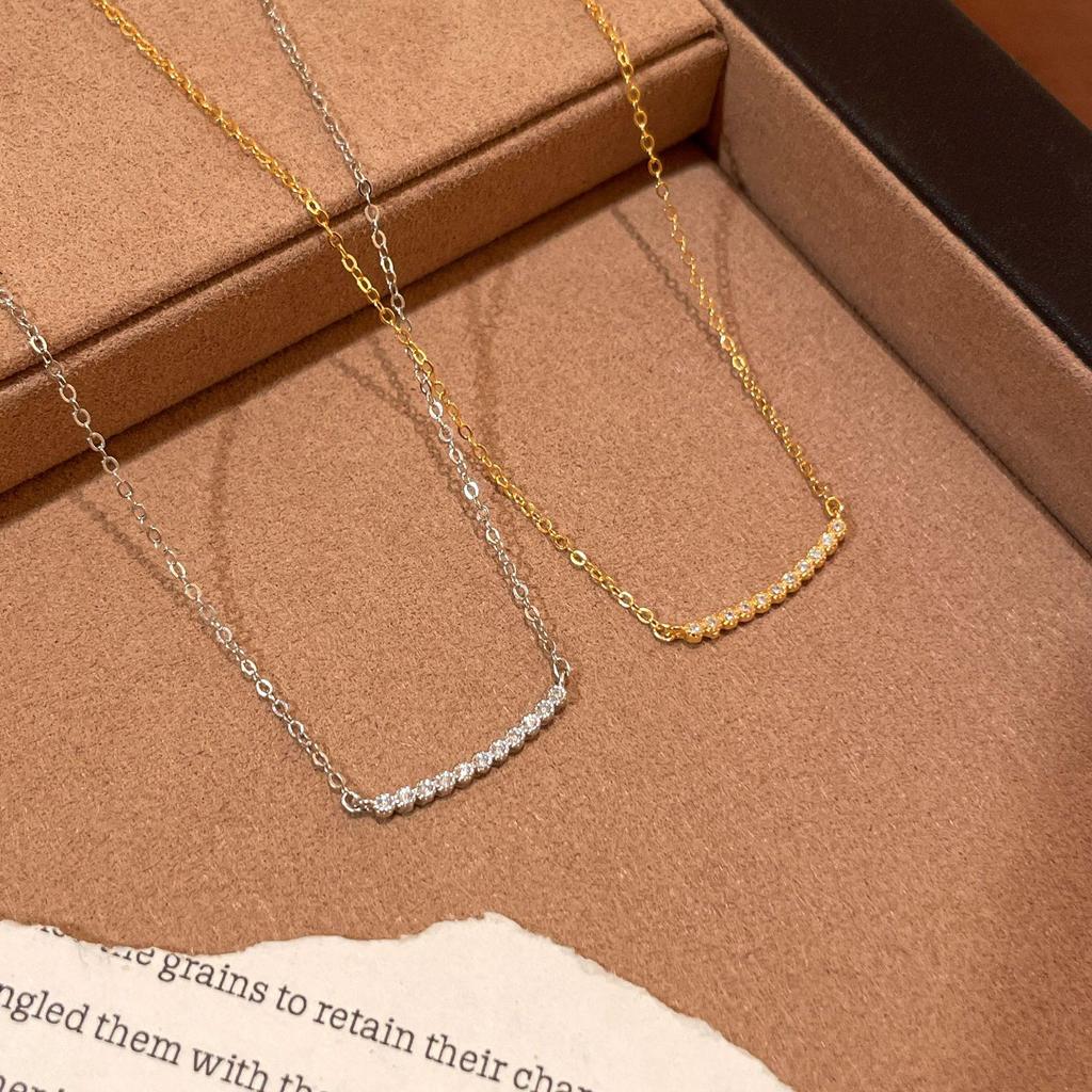 18K Gold Plated S925 Sterling Silver Smile Necklace with Pave Diamonds - Minimalist Choker Chain for Women