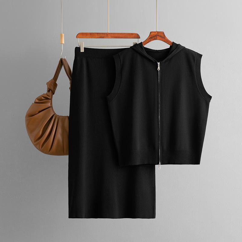 Summer Hooded Knitted Vest Cardigan Women's Fashion Set Skirt Loose Zipper Two-piece Set