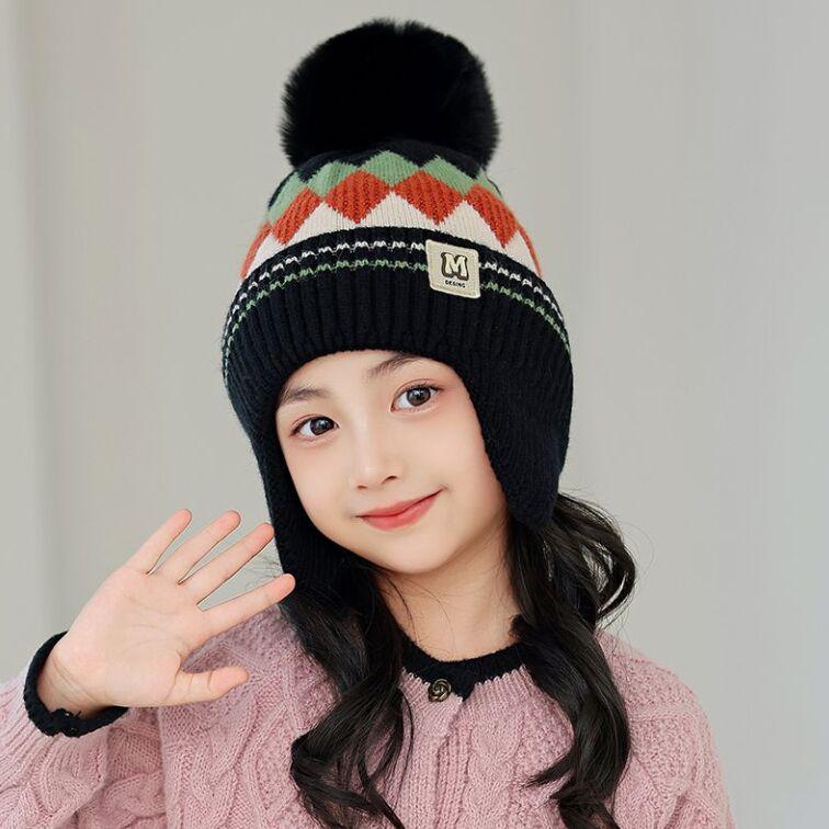 Kinderwollmütze mit Ohrenschutz - Gestrickt, Warm, Plus Samt für Jungen & Mädchen, Herbst/Winter Kuppelstil