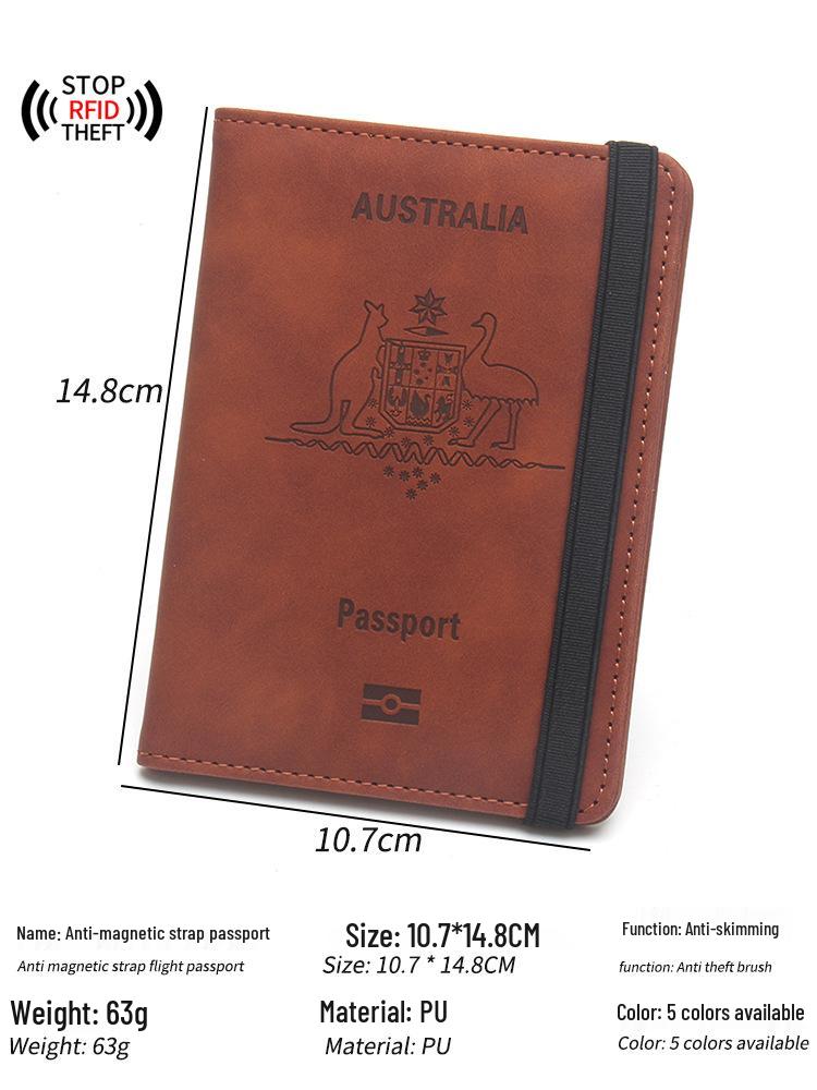 Australian Anti-magnetic Leather Passport Holder with Multi-card Slots and Elastic Band