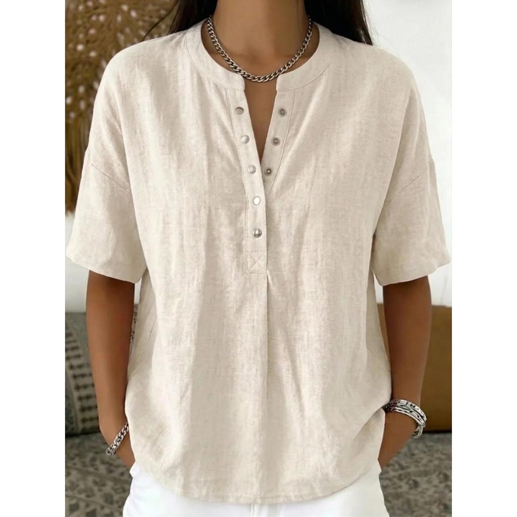 Women's Linen Blend Henley Neck Short Sleeve Casual Shirt