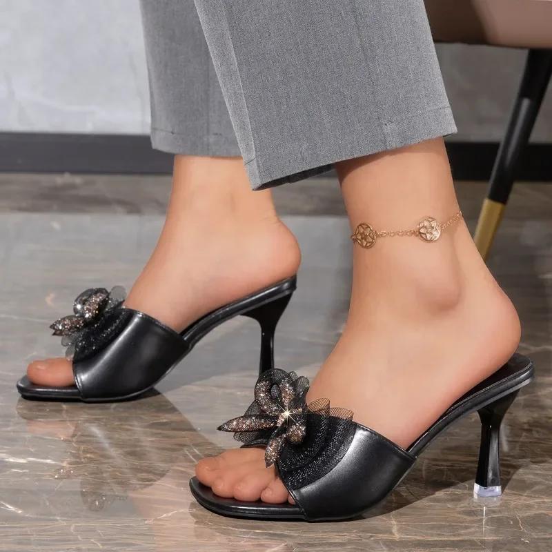 Fashion Women's Slippers Plus Size 2025 Ladies Shoes Open Toe Fashion Dress Slippers Women Square Toe Thin Heels Bow Tie Modern Sandals