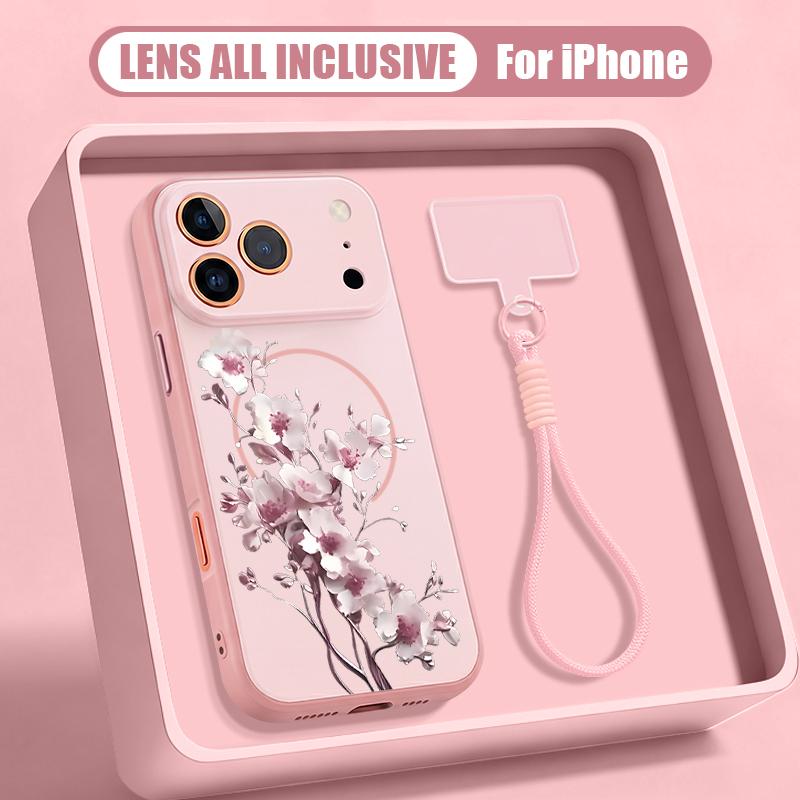 Little Flower Pattern Magnetic Lanyard Phone Case For iPhone 17 Pro Max 16 15 14 13 Pro Max For Magsafe Shockproof Hard PC Cover