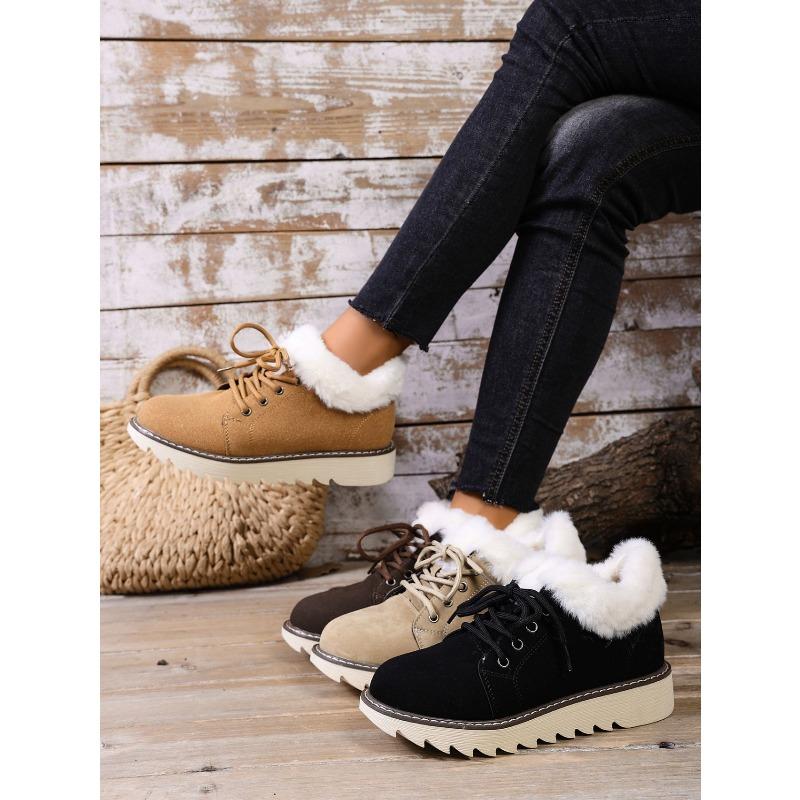 2025 New Lace-up Plush Plush Cotton Shoes Large Size Round Toe Platform Sole Warm Snow Boots for Women