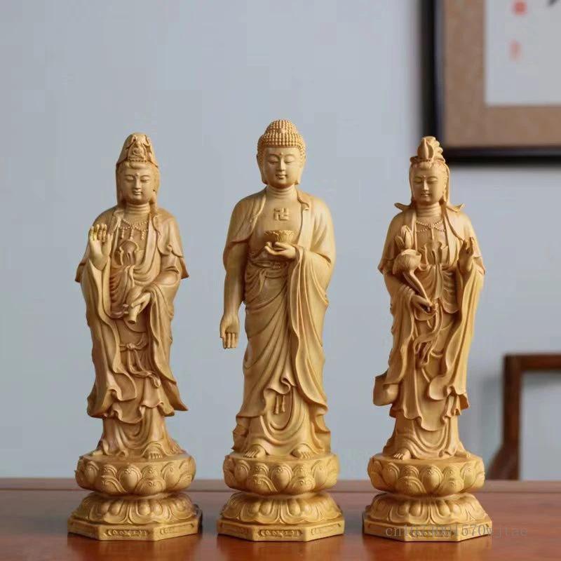 Boxwood Buddha Statue Stand, Amitabha Bodhisattva Buddha Household and Office Decoration, Avalokitesvara, Guanyin Sculpture, 1Pc