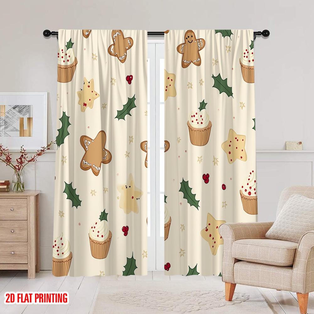 2 Stück, 2D-Flachdruckmuster Vorhänge Weihnachtsplätzchen Lebkuchen Sterne Muffins (4) Polyester Fabrik (ohne Stange) Vielseitig