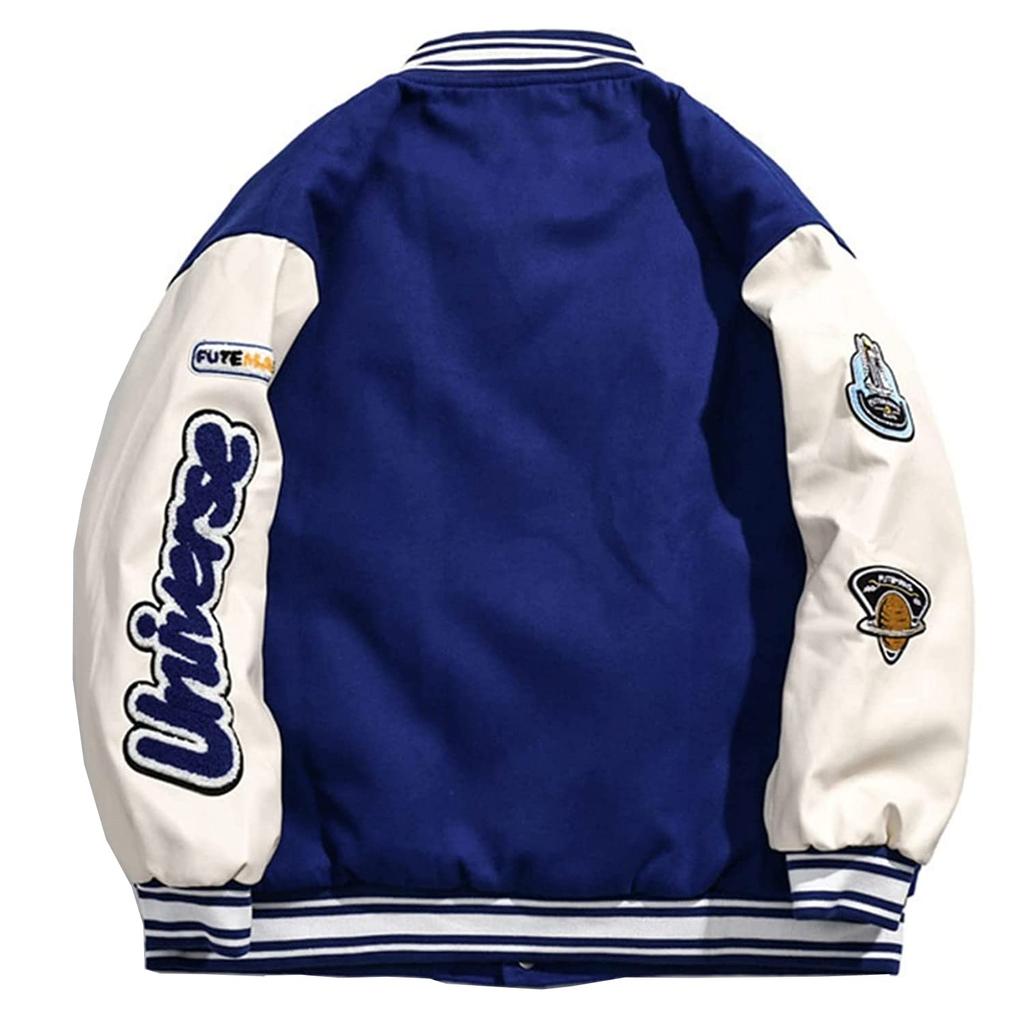 KOSIKINI Varsity Jacket for Men and Loose Cold Plus Size Women, Fit, Embroidered, Weather, Patchwork, Streetwear, (2XL, Blue)