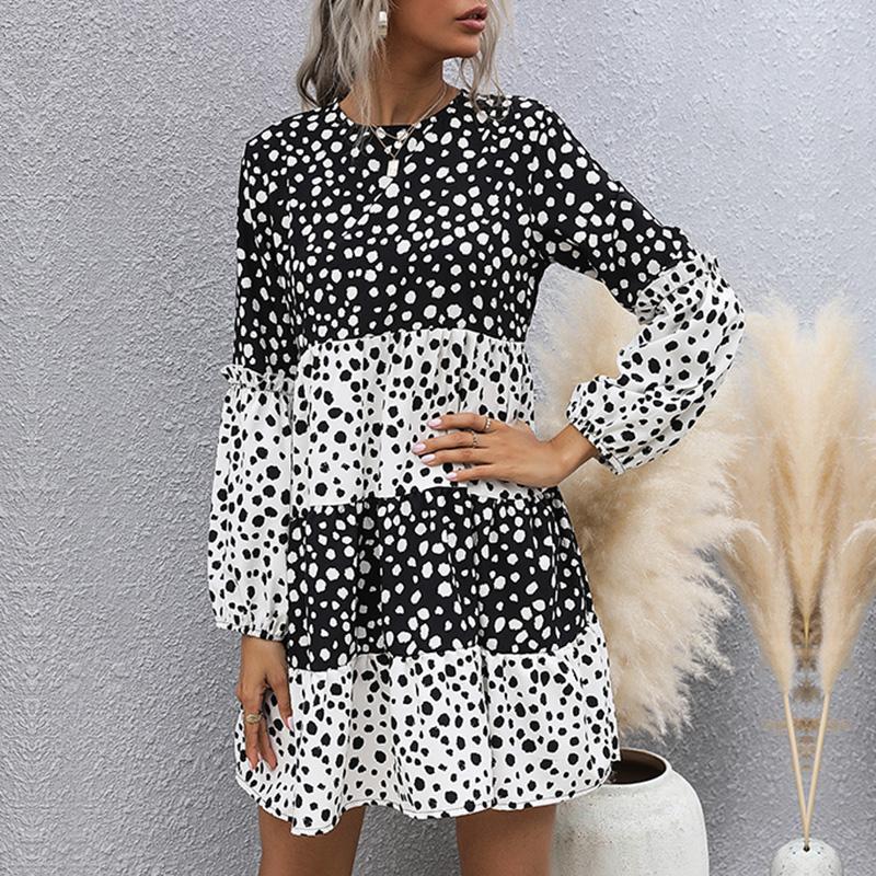 Women's Fashion Summer Polka Dot Print Long Sleeve O-Neck Casual Dresses
