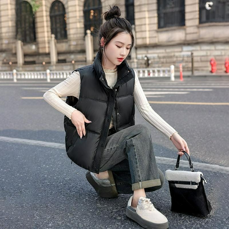 

Короткий жилет женский со стойкой воротником одноразовый жилет осенне-зимняя мода свободный хлопковый жилет хлопковый жилет S чёрный