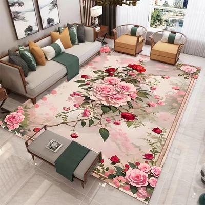 Luxuriöser Vintage-Blumendruck Bereichsteppich Rutschfest Maschinenwaschbar Fußmatte für Wohnzimmer Schlafzimmer Büro Dekor Waschbarer Teppich